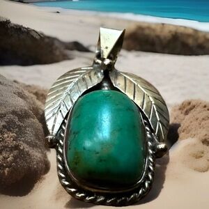 Stunning handmade Tibetan green turquoise pendant with fruit shape set in silver